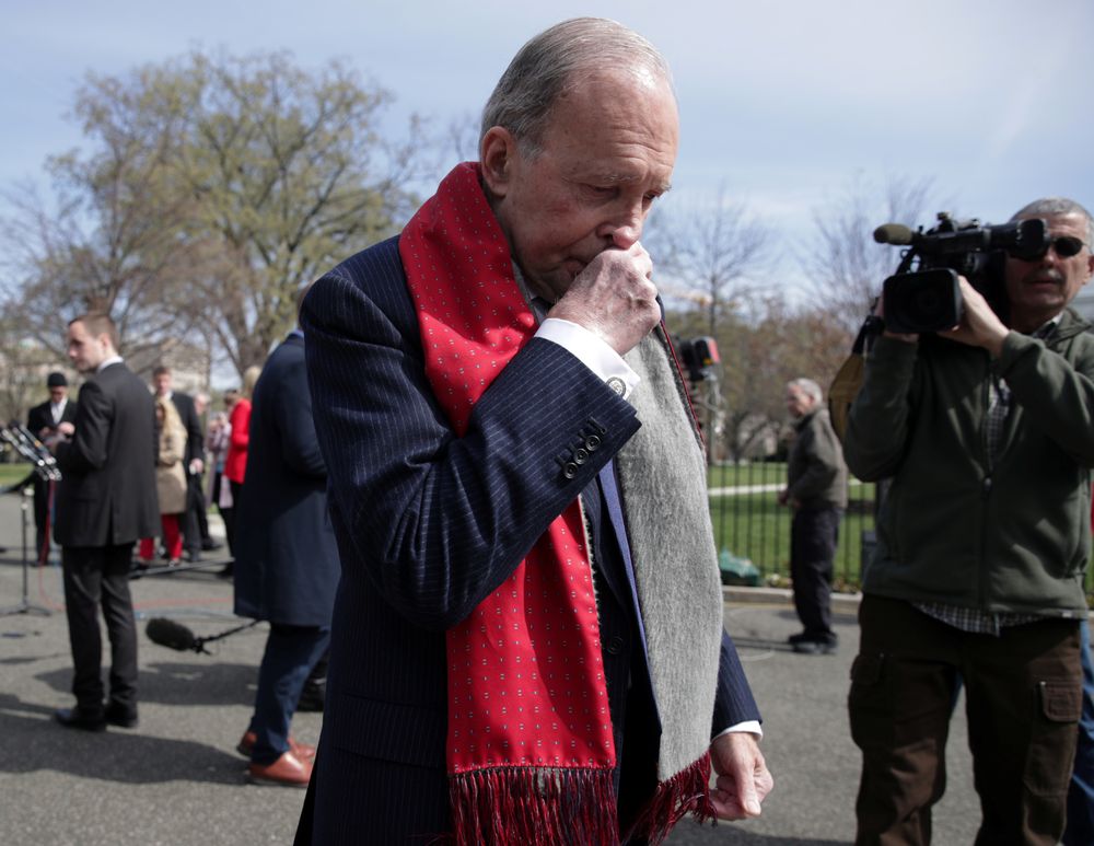 White House chief economic adviser Larry Kudlow departs after speaking to reporters about the Trump administration's response to the financial issues surrounding the coronoavirus outbreak, at the White House in Washington, March 16, 2020. u00e2u20acu201d Reuters pic