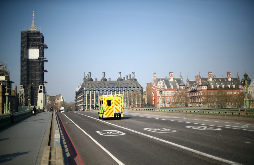 An ambulance is seen on Westminster bridge as the spread of the coronavirus disease (Covid-19) continues, in London, Britain April 9, 2020. u00e2u20acu201d Reuters picnn