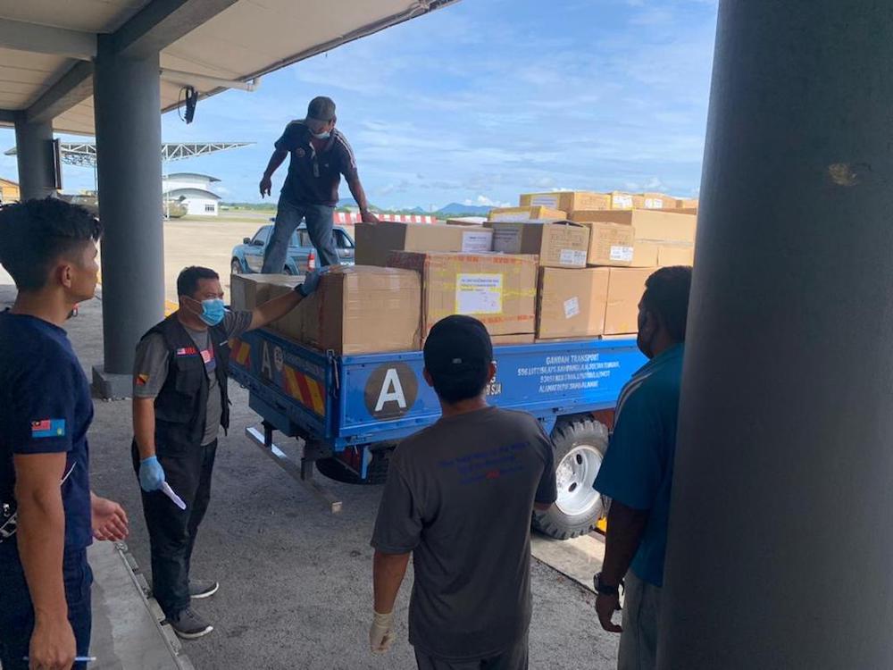 The Malaysian Relief Agencyu00e2u20acu2122s donation of medical equipment is seen before being flown to Kuching and Kota Kinabalu by the Royal Malaysian Air Force. u00e2u20acu201d Picture courtesy of Malaysian Relief Agency