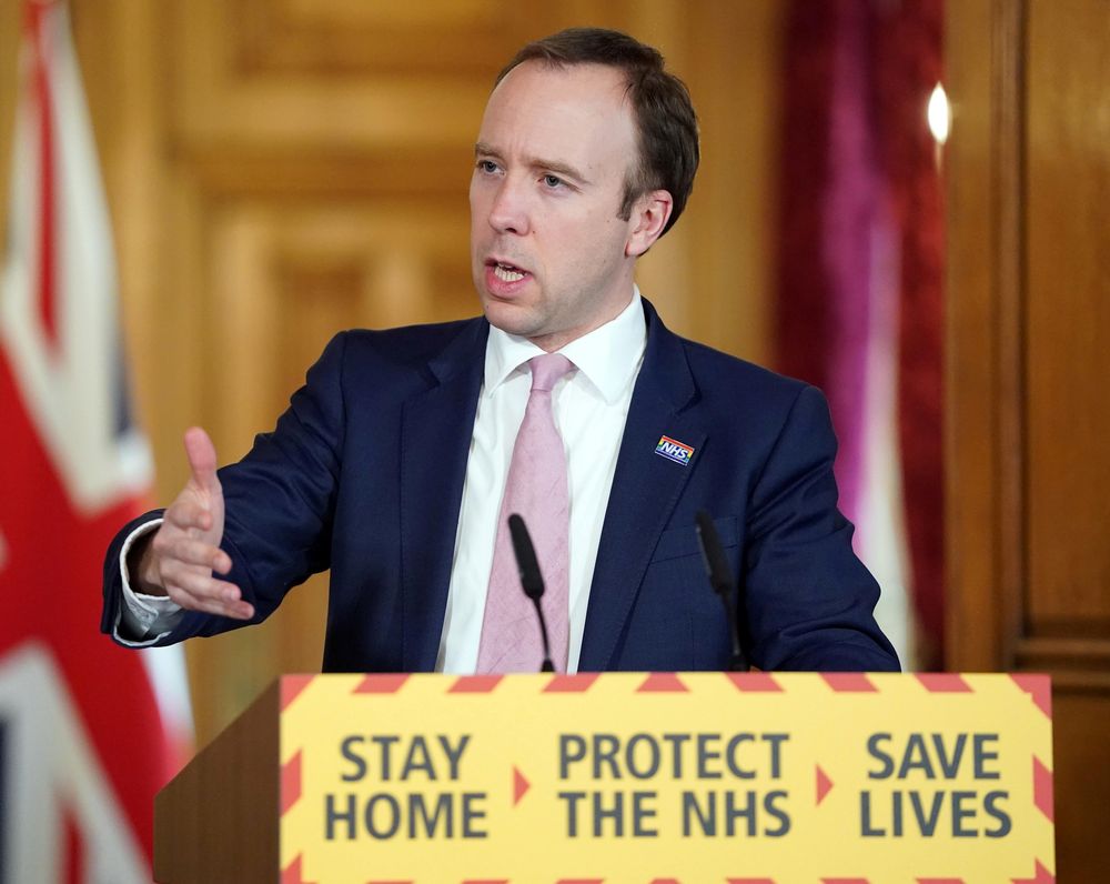 Health Secretary Matt Hancock speaks during a Covid-19 Digital Press Conference in 10 Downing Street in London, April 3, 2020. u00e2u20acu201d Pippa Fowles/10 Downing Street/Handout via Reuters