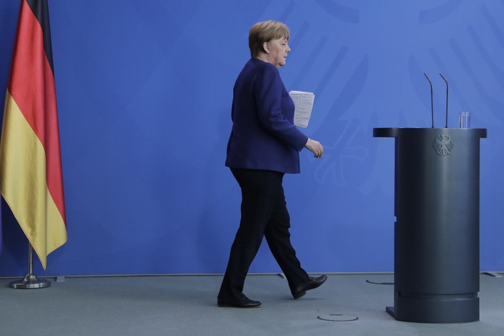German Chancellor Angela Merkel arrives to brief the media about German governmentu00e2u20acu2122s measures to avoid further spread of the coronavirus, on April 6, 2020 at the chancellery in Berlin. u00e2u20acu201d AFP pic