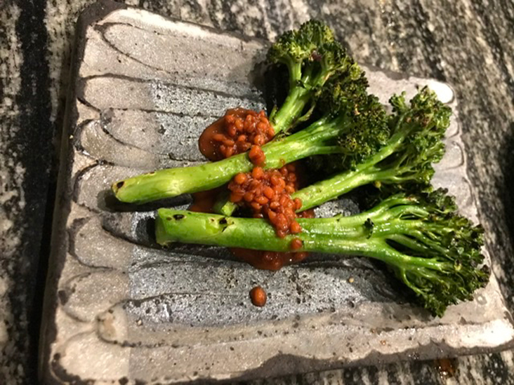 Broccoli 'shinme', tender stems slathered with 'moromi' miso and ginger dressing.
