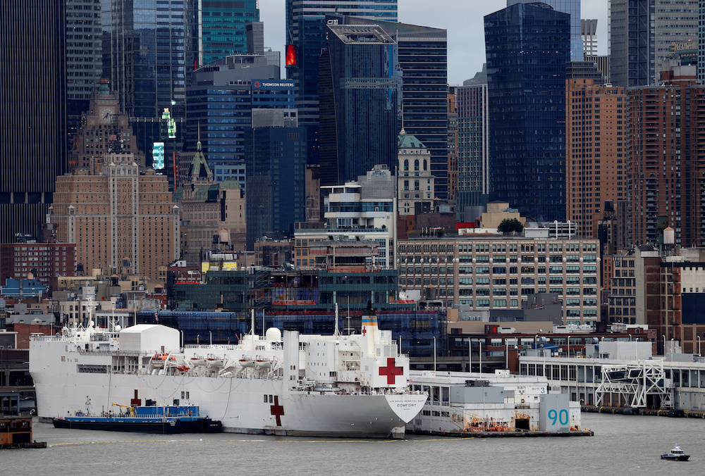 The USNS hospital ship Comfort is seen docked at Pier 90 on Manhattan's West Side during the outbreak of the coronavirus disease (Covid-19) in New York City, New York, US, April 3, 20200. u00e2u20acu201d Reuters picnnnn