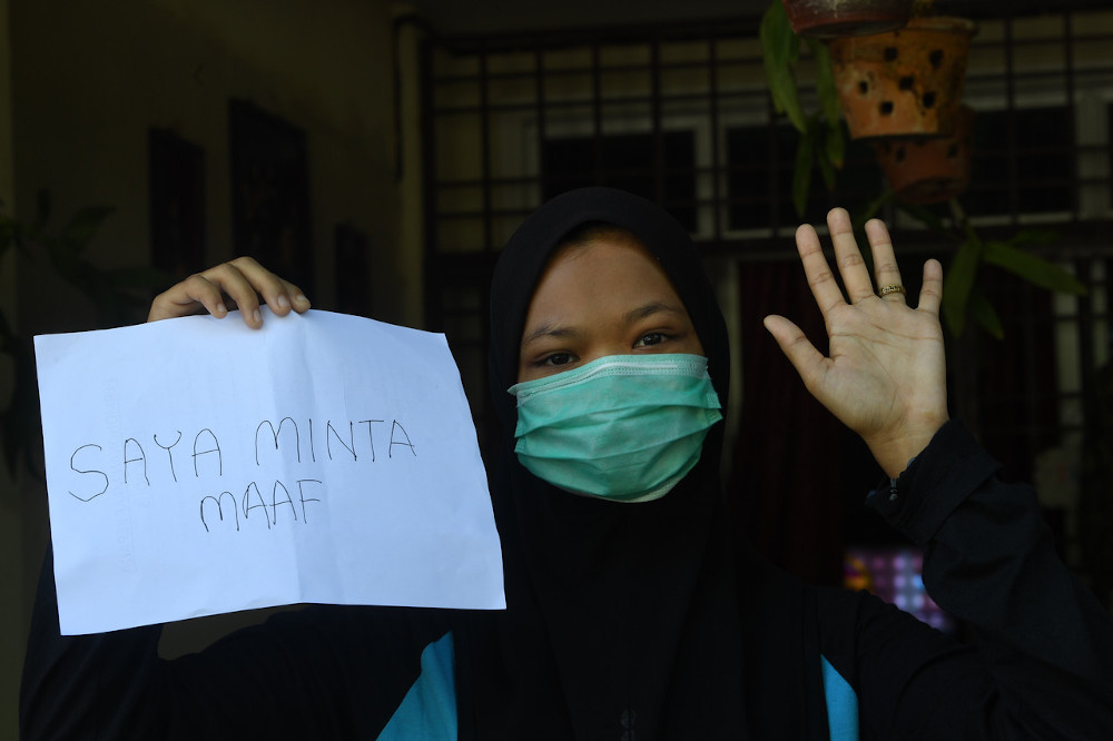 Nursahira Mohd Mizuar, 20, said she deeply regretted her action and was sorry for making rude remarks against security personnel who were on duty during the MCO which began on March 18. u00e2u20acu201d Bernama pic 