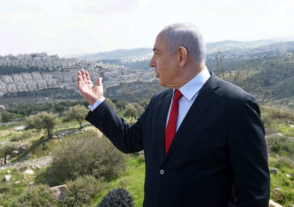 Israeli Prime Minister Benjamin Netanyahu delivers a statement overlooking the Israeli in the West Bank in February 20, 2020. u00e2u20acu201d Reuters picnn