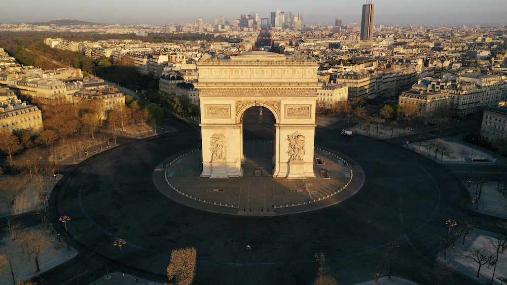 An aerial view shows the deserted Place de lu00e2u20acu2122Etoile and the Arc de Triomphe, during a lockdown imposed to slow the spread of the coronavirus disease (Covid-19) in Paris, France April 4, 2020. u00e2u20acu201d Reuters picnn