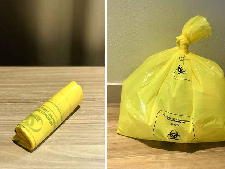 During quarantine, all rubbish is disposed of in the biohazard waste bags provided