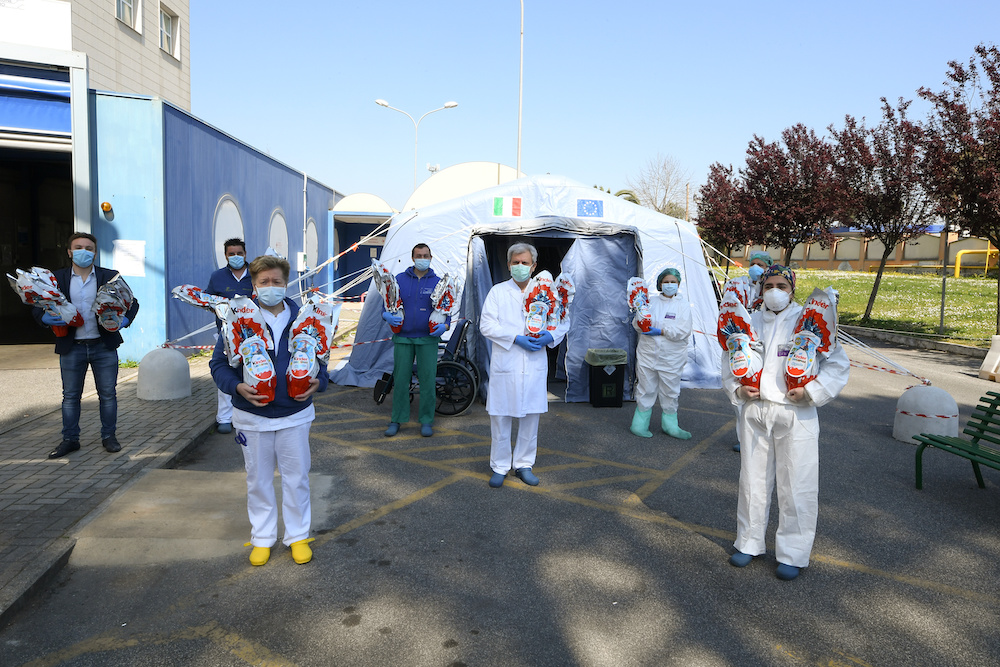 Medical staff pose with Easter eggs donated from Ferrero to San Filippo Neri hospital and First Aid departments, as the spread of coronavirus disease (Covid-19) continues, in Rome, Italy April 9, 2020. — Reuters pic