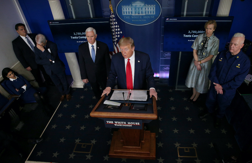 US President Donald Trump answers questions at the daily coronavirus task force briefing flanked by Dr. Anthony Fauci, Vice President Mike Pence, Dr. Deborah Birx and Admiral Brett Giroir at the White House in Washington, US, April 17, 2020. u00e2u20acu201d Reuters p