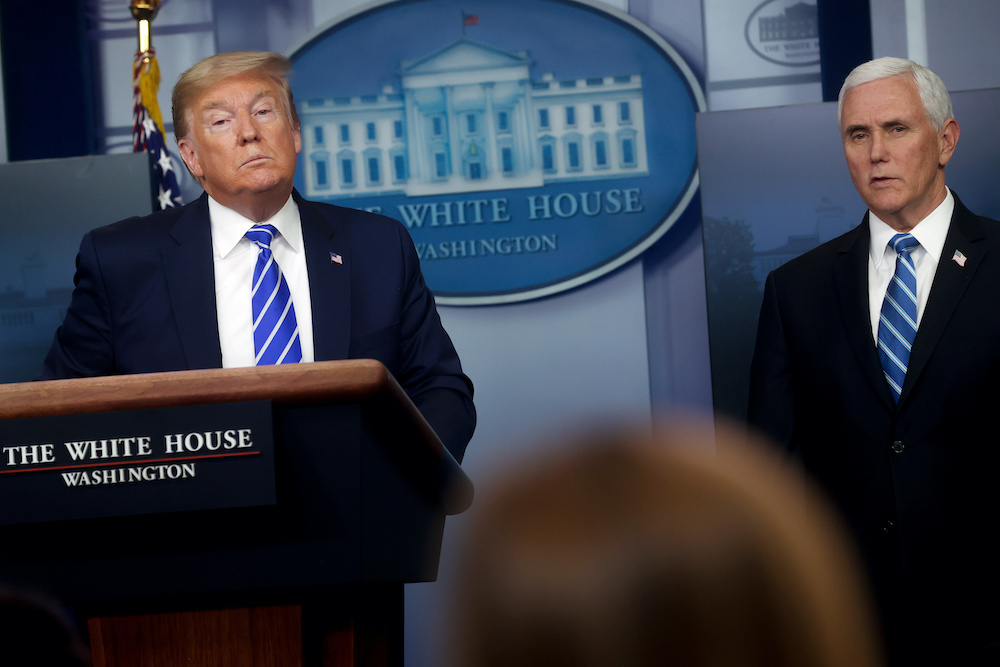US President Donald Trump listens to a question with Vice President Mike Pence during the daily coronavirus disease outbreak task force briefing at the White House in Washington, US April 23, 2020. u00e2u20acu201d Reuters picnn
