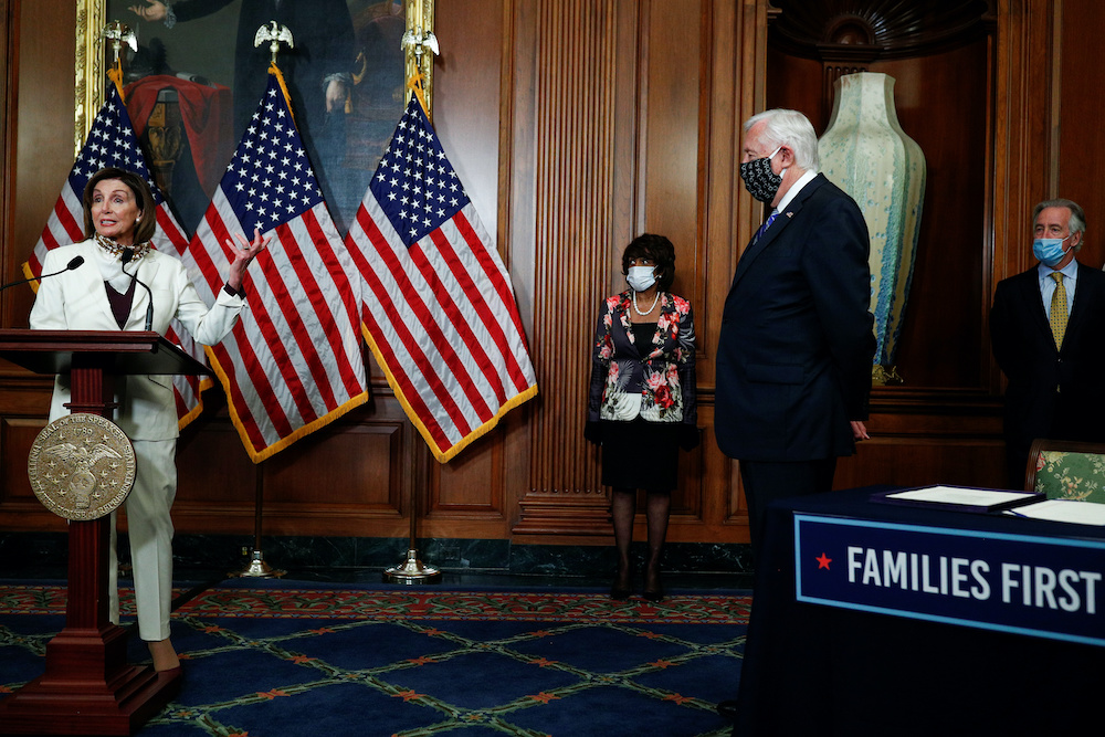 US Speaker of the House Nancy Pelosi delivers remarks on Capitol Hill as the coronavirus disease outbreak continues, in Washington, US, April 23, 2020. — Reuters pic