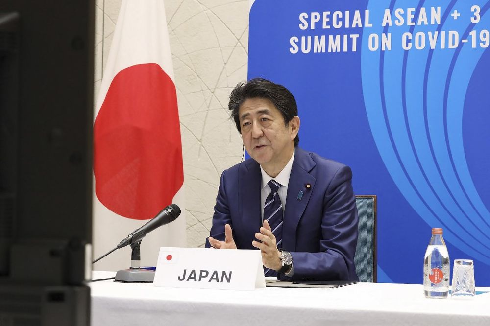Japan's Prime Minister Shinzo Abe speaks from Tokyo with other Asean leaders during a video conference on April 14, 2020. u00e2u20acu201d Handout / Jiji Press,Japan's Cabinet Public Relations Office / AFP pic