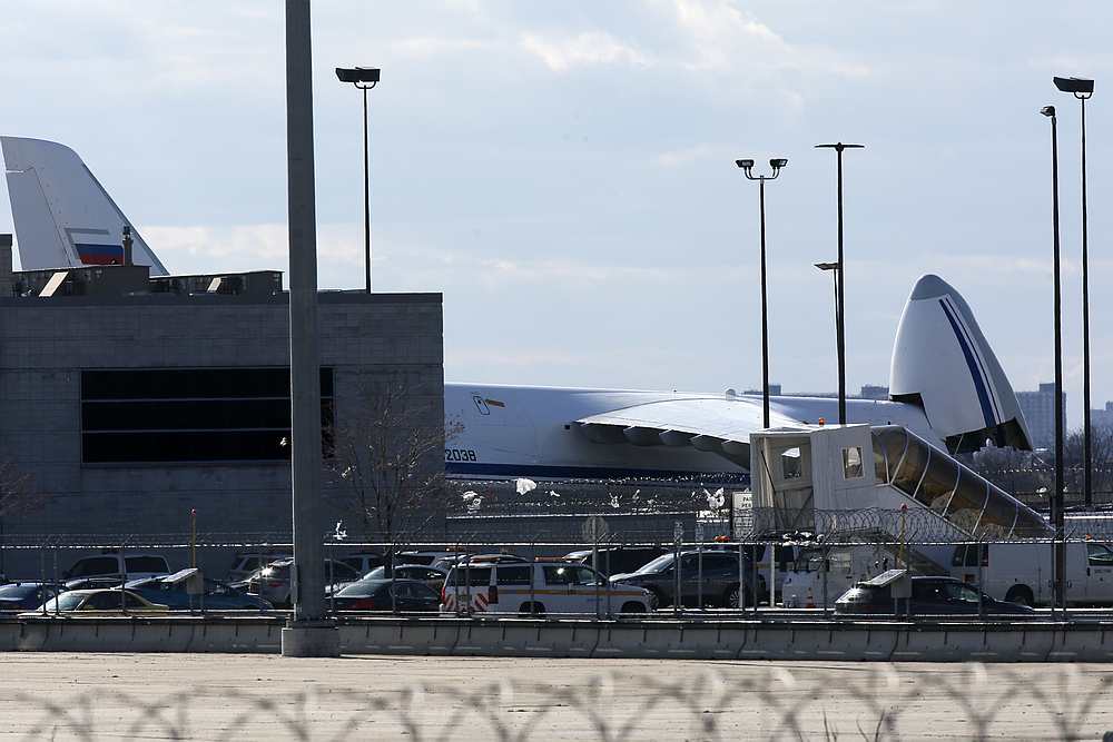 A Russian military transport plane carrying medical equipment, masks and supplies is seen shortly after landing at JFK International Airport in New York April 1, 2020. u00e2u20acu201d Reuters pic