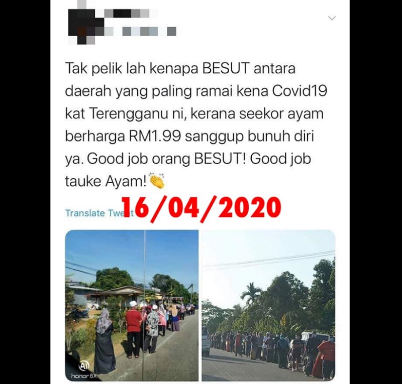 Terengganu police tracked a post post from one social media user account that claimed people queueing to buy chicken at a shop in Besut are not obeying the order of movement control. u00e2u20acu201d Picture via Facebook/Polis Terengganu