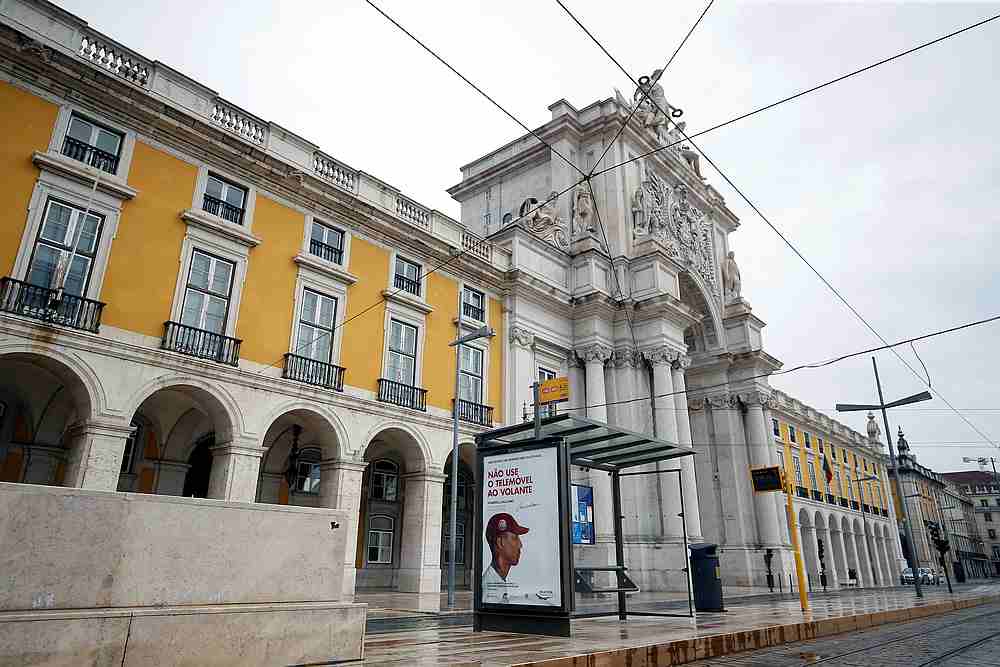 A bus stop next to Rua Augusta's Arch during partial lockdown as part of state of emergency to combat the coronavirus outbreak in Lisbon, Portugal March 30, 2020. — Reuters pic