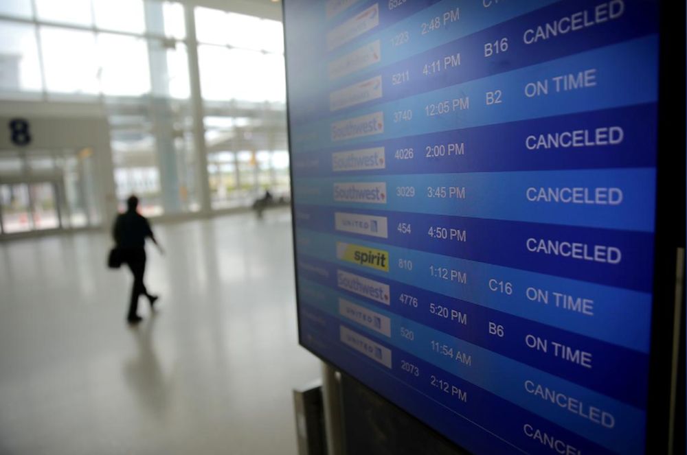 Cancelled flights are seen on an airport screen in New Orleans, Louisiana US, April 4, 2020. u00e2u20acu201d Reuters pic
