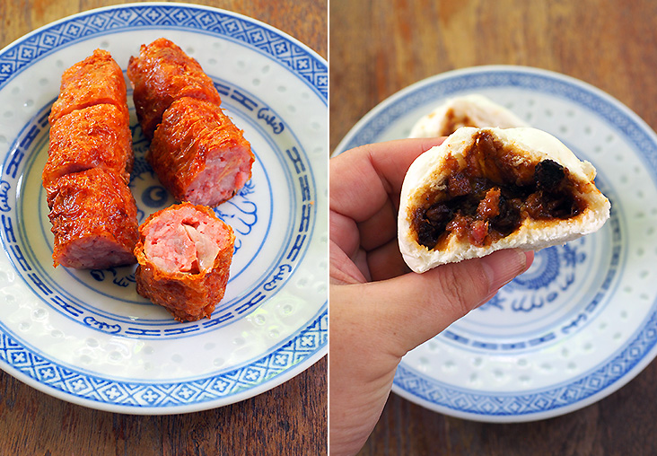 The 'lorbak' meat filling has a firmer texture than usual but it still makes a tasty bite (left). While the steamed bun skin is good, the filling for the 'char siew pau' was distinctly lacking (right).