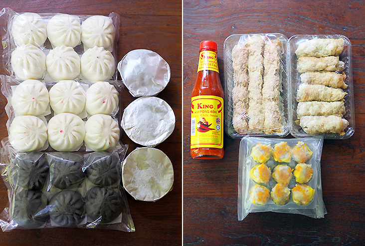 The set gives you six pieces of each type of steamed 'pau' and three 'lor mai kai' wrapped in foil to easily steam at home (left). It also includes nine pieces of 'siu mai', 'lorbak', beancurd roll and the all-important Kampung Koh chilli sauce (right).