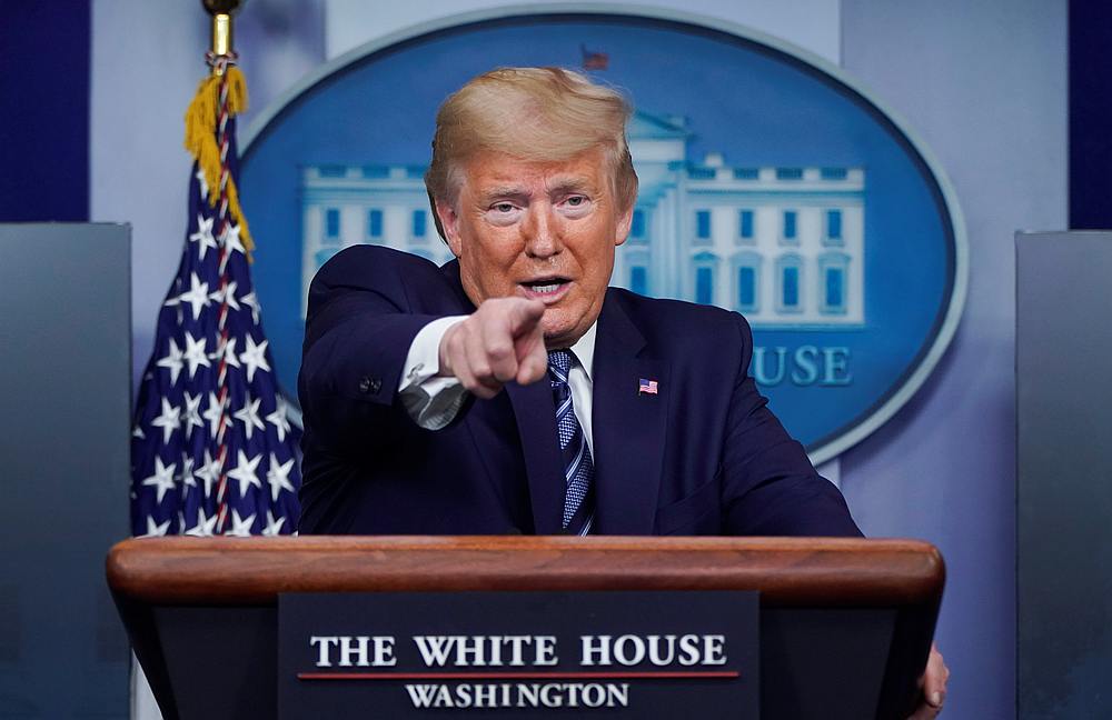 US President Donald Trump points to a reporter to ask a question during the daily coronavirus task force briefing at the White House in Washington April 5, 2020. u00e2u20acu201d Reuters pic