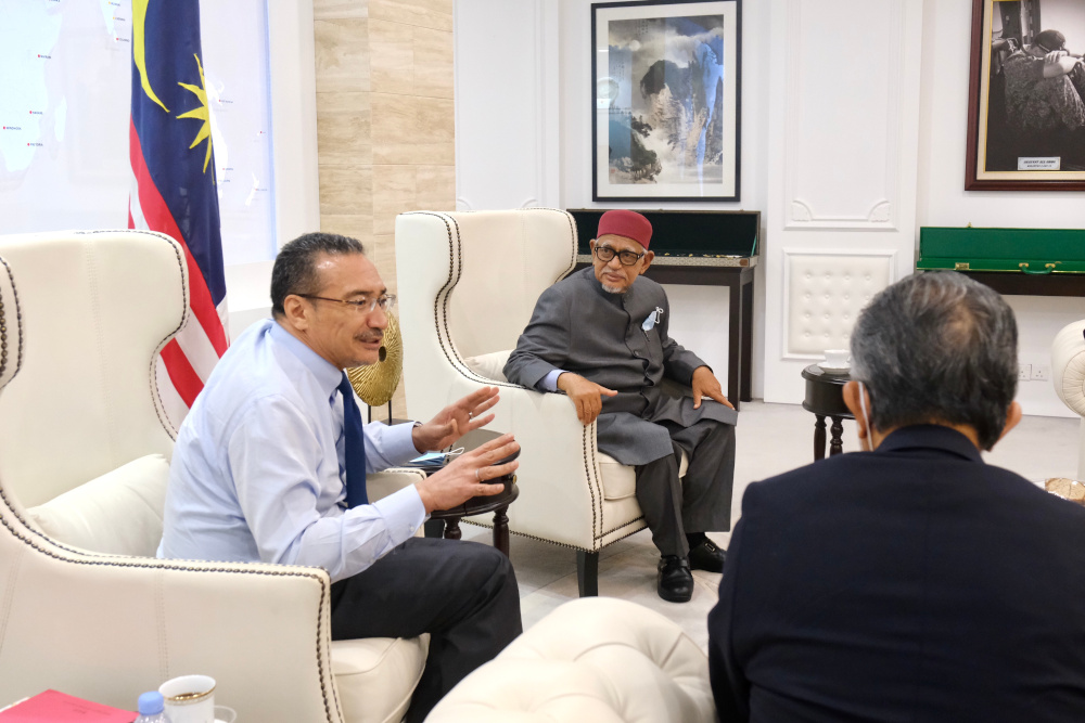 Foreign Minister Datuk Seri Hishammuddin Hussein with Special Envoy to the Middle East Datuk Seri Abdul Hadi Awang at Wisma Putra April 22, 2020. u00e2u20acu201d Picture courtesy of Foreign Ministry