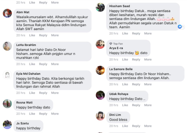 Social media users went all out to wish Dr Noor Hisham, not knowing that they got the date wrong. —Screengrab via Facebook/Kementerian Kesihatan Malaysia. 