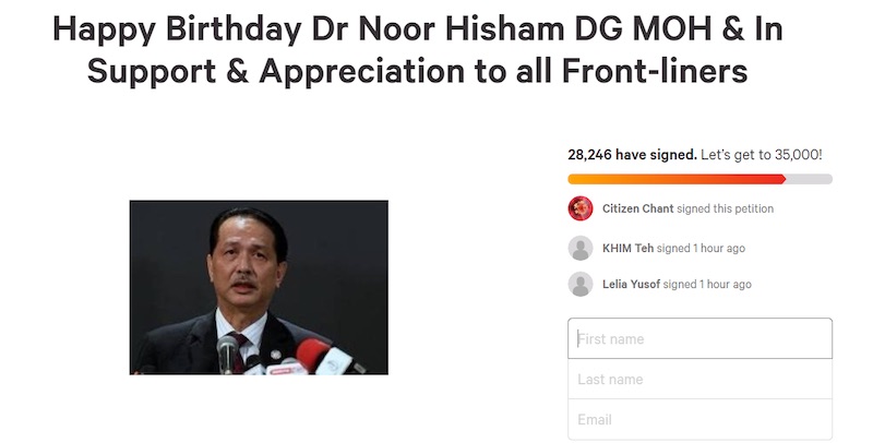 The petition was created to show support for Dr Noor Hisham and the frontliners’ efforts during the outbreak in the country. —Screengrab via Change.org