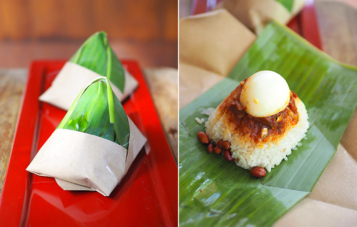 Available every day, there's ’nasi lemak bungkus’ wrapped beautifully with ‘sambal ikan bilis’ (left). Open to reveal rice topped with a not too spicy ’sambal ikan bilis’ and half portion of hard boiled egg with peanuts (right)