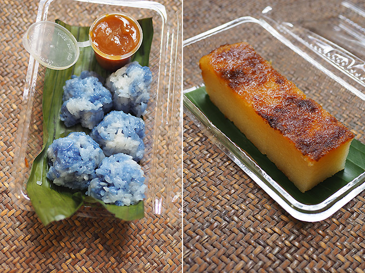 Their ‘pulut tekan seri kaya‘ comes in little bites for you to enjoy (left). A personal favourite is their ’kuih bengka ubi kayu’ with its soft texture and caramelised top (right).