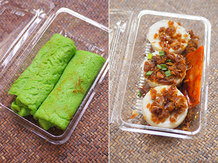 ‘Kuih ketayap’ is filled generously with ‘gula melaka‘ grated coconut (left). Their ’chwee kuih’ is served with not-oily preserved radish topping (right).