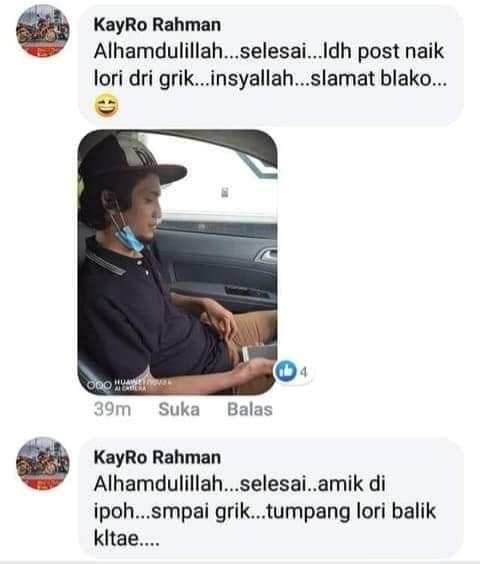 The lorry driver said that Matnoe will be riding with him now. — Screengrab via Facebook/Matnoe Poksu Din