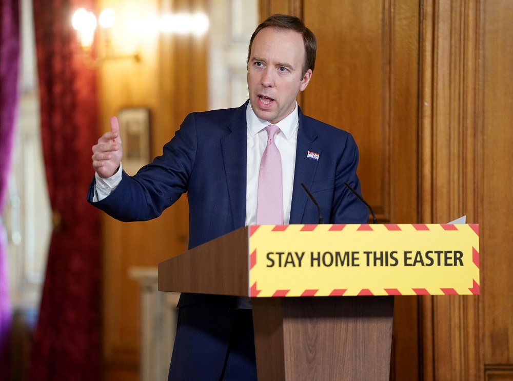 Britain's Health Secretary Matt Hancock holds the Covid-19 Digital Press Conference in 10 Downing Street, London April 10, 2020. u00e2u20acu2022 Handout via Reuters