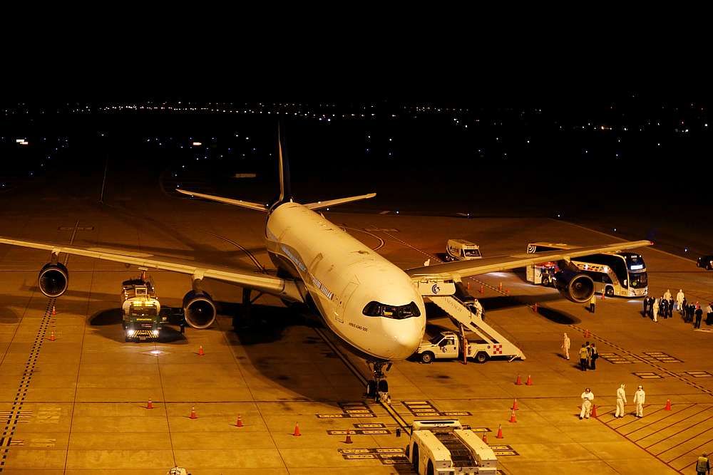 An Airbus A340-300 aircraft waits to transport Australian and New Zealander passengers from Australian cruise ship Greg Mortimer back to Australia at the airport in Montevideo, Uruguay April 10, 2020. u00e2u20acu201d Reuters pic