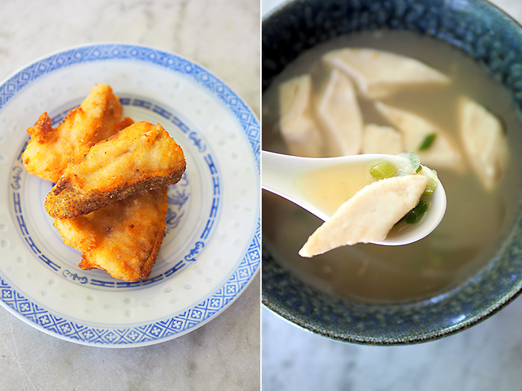 Slowly savour the deep fried grouper fish with its sweet tasting flesh and crispy golden skin (left). You can also order items like this fish paste served with a clear soup (right).