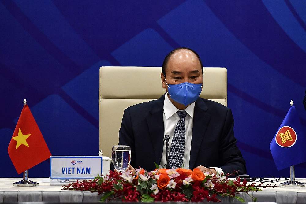 Vietnam's Prime Minister Nguyen Xuan Phuc waits for the start of a special video conference with Asean leaders on Covid-19, in Hanoi April 14, 2020. u00e2u20acu201d Pool pic via Reuters