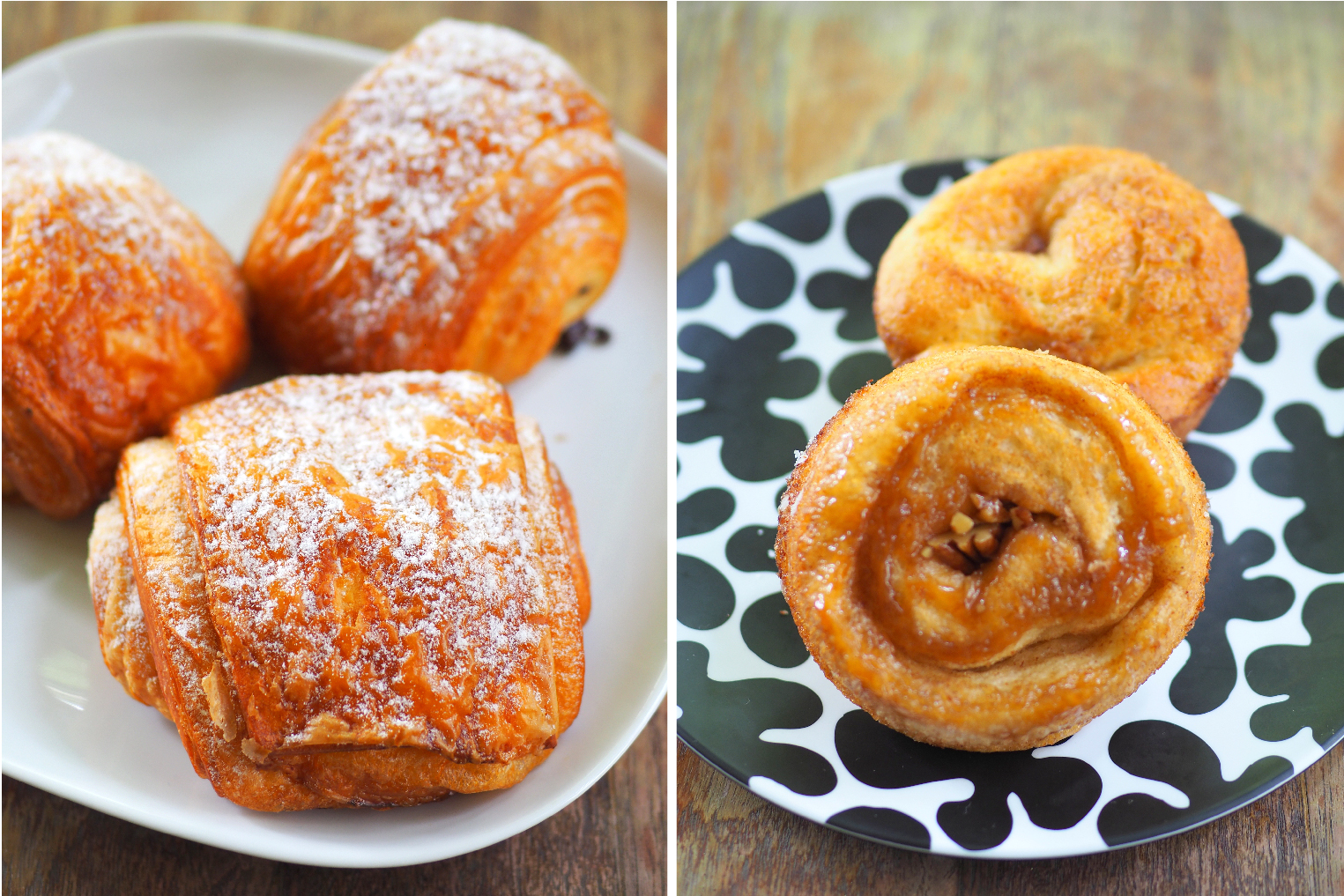 'Pain au chocolat' with layers and a bite of chocolate for a nice breakfast treat (left). Pecan brown sugar bun has a nice, not overly sweet taste (right)