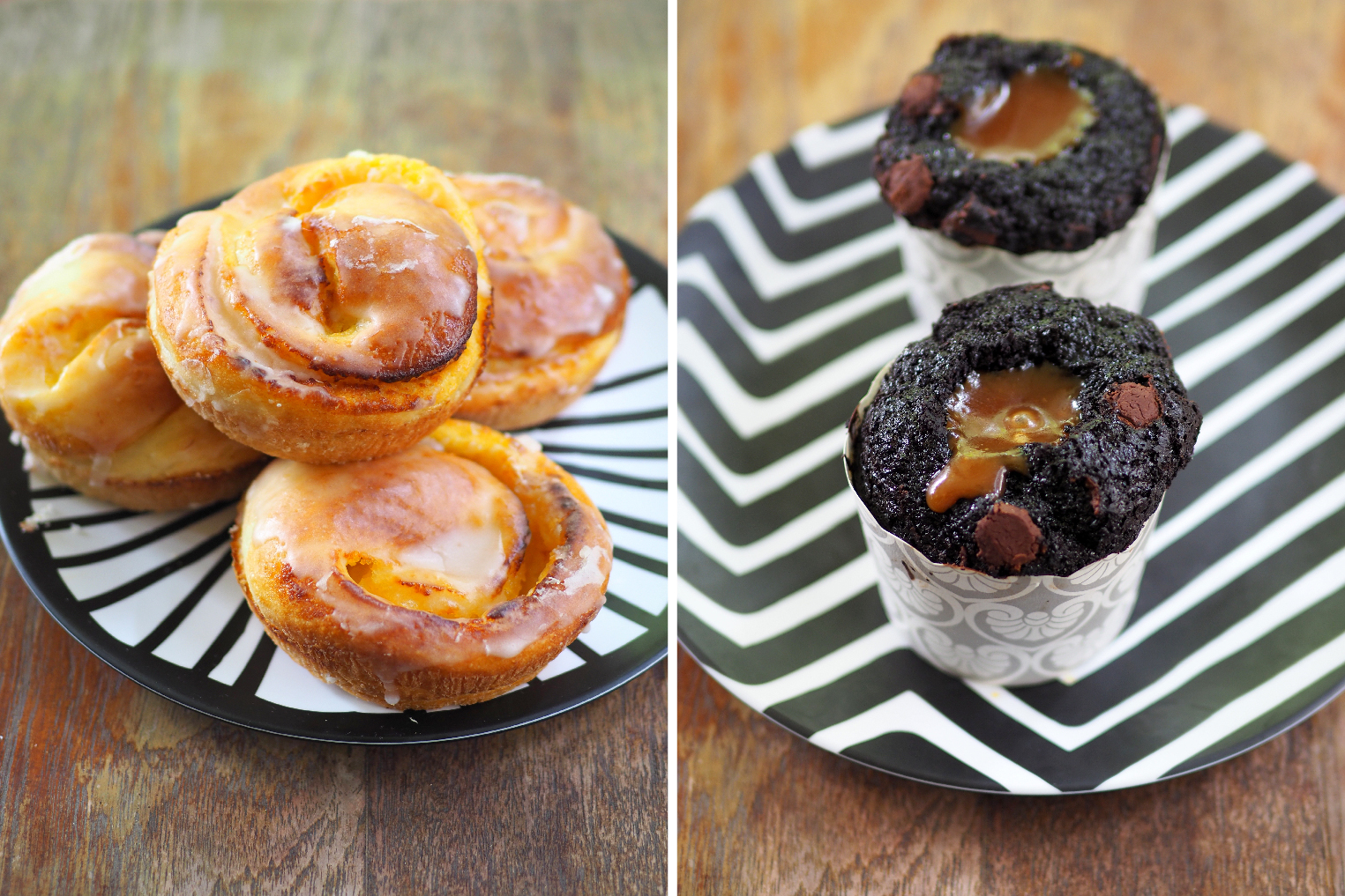 Lemon soft roll is a little doughy but there's a light citrus glaze over it for something different (left). Chocolate muffins have a fluffy texture but not overly rich chocolate taste balanced by a pool of caramel to give it a slight sweetness (right)