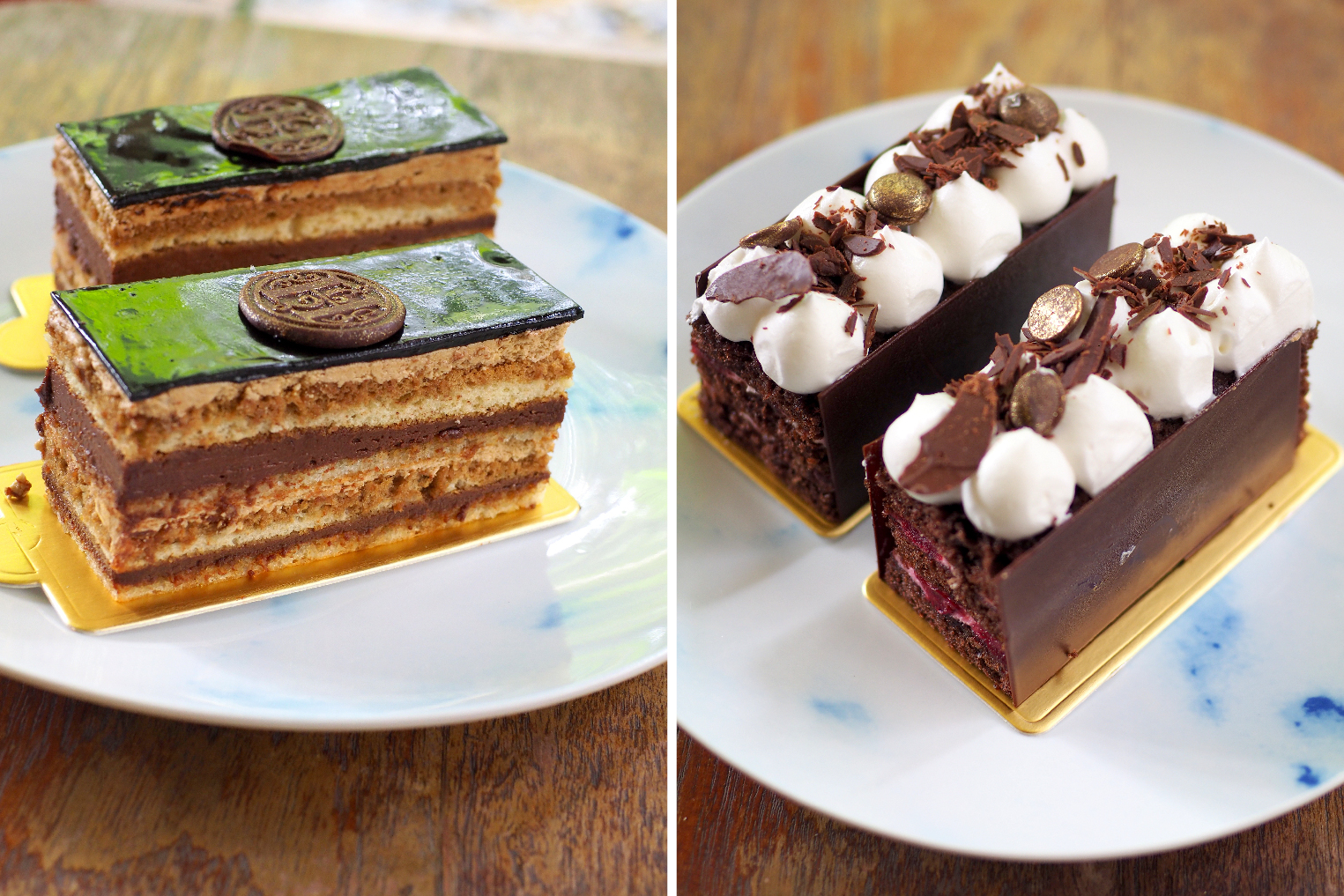 Opera cake comes with multiple layers of chocolate and a nice coffee flavour (left). Black forest cake is picture perfect with its chocolate, cherry and cream layers (right)