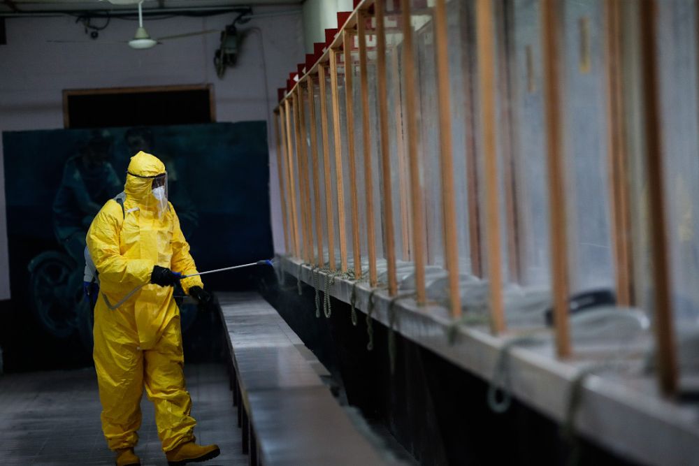 A Fire and Rescue Department personnel sprays disinfectant during sanitisation work at the Penang Prison April 15, 2020. u00e2u20acu201d Picture by Sayuti Zainudin