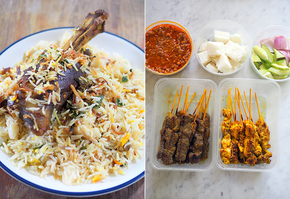 The lamb shank 'biryani' is served with fluffy, aromatic rice grains (left). Your order of satay comes complete with everything for you to enjoy at home (right).