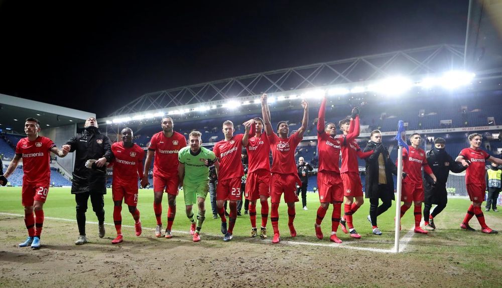 Bayer Leverkusen players celebrate after the Europa League Round of 16 First Leg Rangers v Bayer Leverkusen match at Ibrox, Glasgow, Scotland, March 12, 2020. u00e2u20acu201d Reuters pic