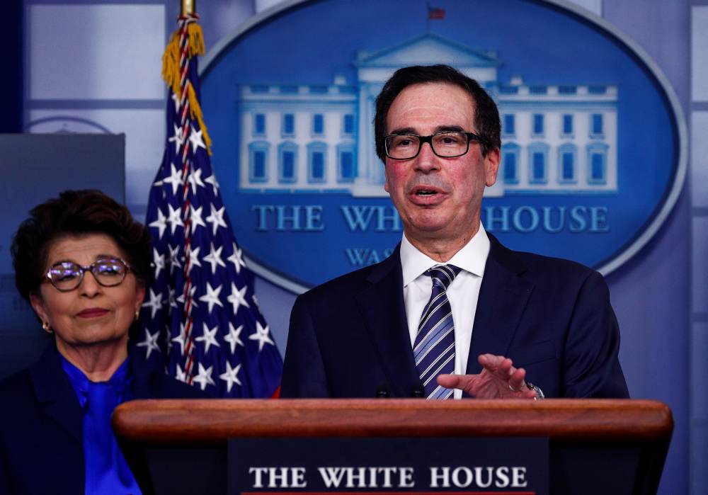 Treasury Secretary Steven Mnuchin discusses details for economic relief during the daily coronavirus response briefing at the White House in Washington April 3, 2020. u00e2u20acu2022 Reuters pic