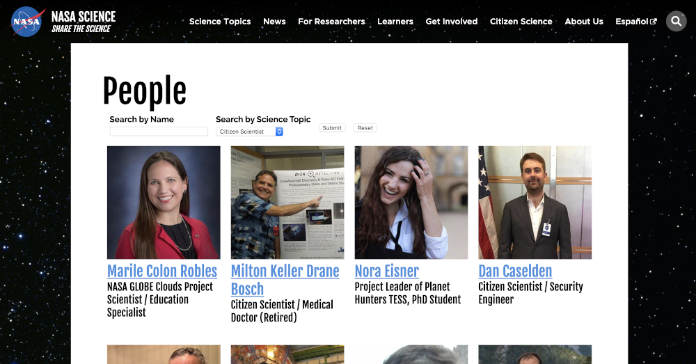 His ‘Citizen Scientist’ screenshot doesn’t match the official website’s lack of his presence. — Screenshoot taken from science.nasa.gov