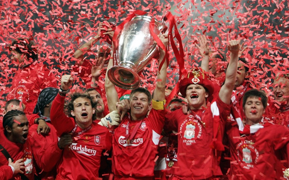 File photo of Liverpoolu00e2u20acu2122s captain Steven Gerrard holding the trophy surrounded by teammates at the end of the Uefa Champions league football final against AC Milan at the Ataturk Stadium in Istanbul May 25, 2005. u00e2u20acu201d AFP pic