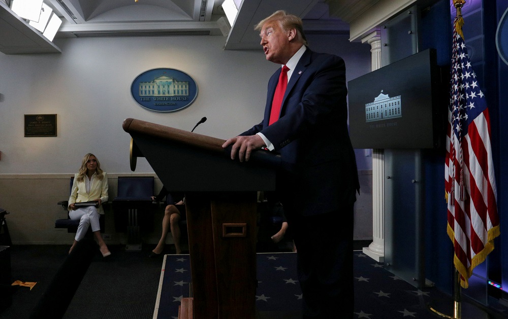 US President Donald Trump makes a statement to reporters about reopening US places of worship by declaring them u00e2u20acu02dcessentialu00e2u20acu2122 in the midst of the coronavirus disease pandemic at the White House in Washington May 22, 2020. u00e2u20acu201d Reuters pic