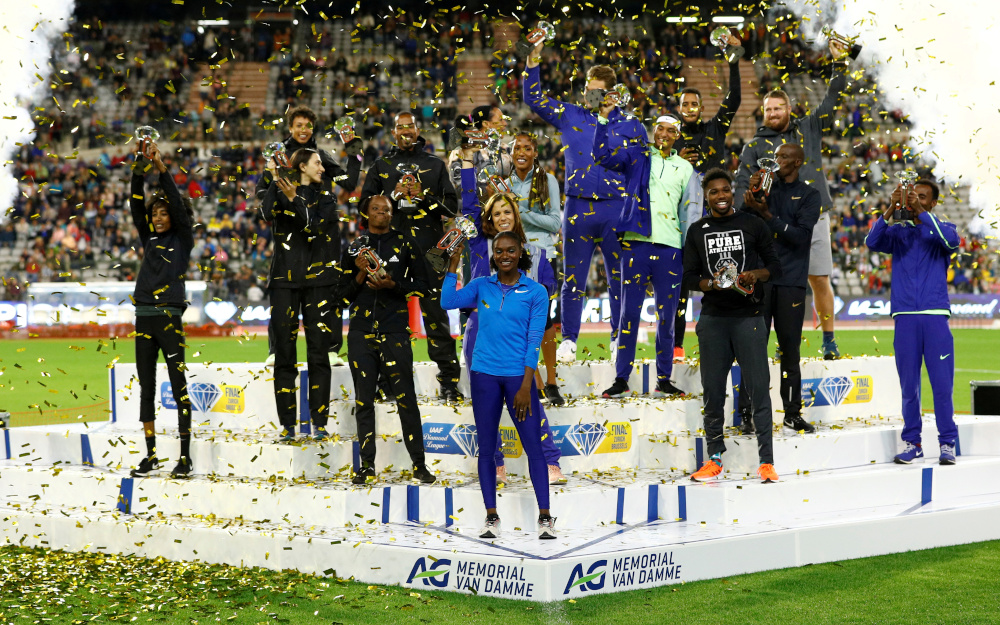 Britainu00e2u20acu2122s Dina Asher-Smith celebrates with a trophy on the podium for winning the Womenu00e2u20acu2122s 100m and all other event winners during the Champions Ceremony of the Diamond League at the King Baudouin Stadium in Brussels September 6, 2019. u00e2u20acu201d Reuters pic 