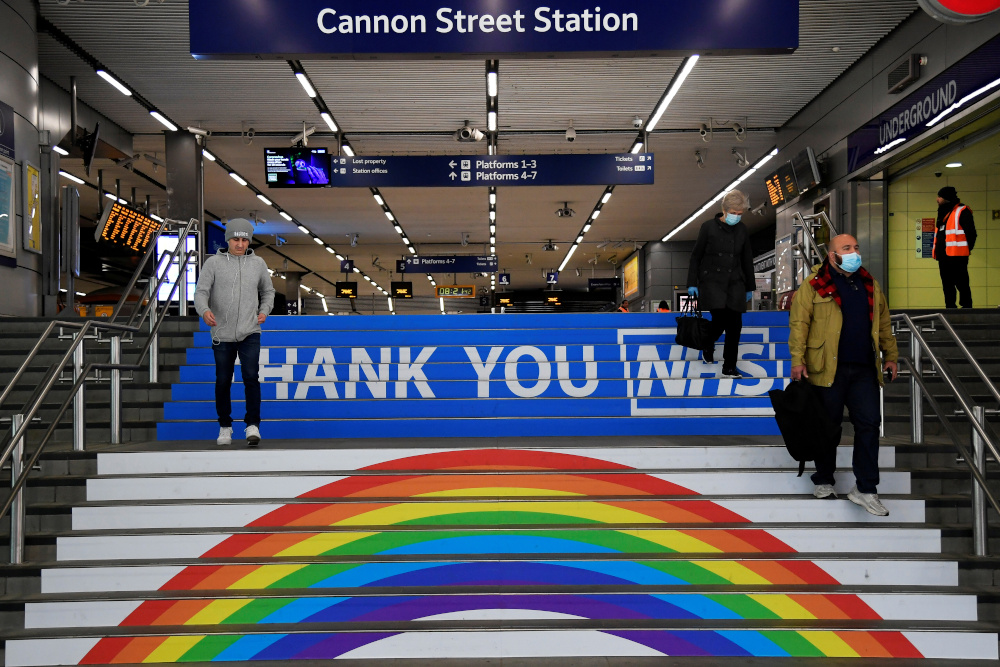 Commuters are seen at Cannon Street station with a thank you message for the NHS, following the outbreak of the coronavirus disease, London, Britain, May 15, 2020. u00e2u20acu201d Reuters pic