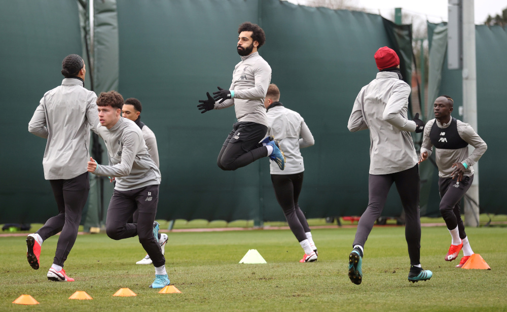 Liverpoolu00e2u20acu2122s Mohamed Salah with teammates during training at Melwood, Liverpool March 10, 2020. u00e2u20acu201d Action Images pic via Reuters 