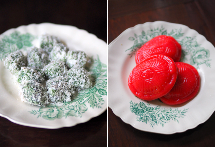 It is hard to stop at just one of these teardrop-shaped 'onde onde' filled with liquid gula Melaka (left). The 'kuih angku' comes in a vivid red hue with soft, supple skin (right)