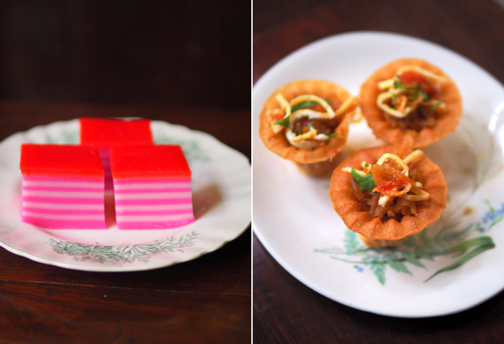  'Kuih genggang' makes us happy with its bright colours and soft texture (left). Snack on 'pai tee' with the yam bean filling garnished with fried shallots, shredded omelette and the piquant chilli sauce (right).