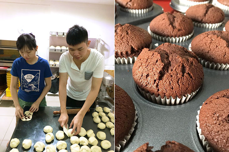 Lee and Chuah hard at work (left). Dark chocolate cupcakes (right)